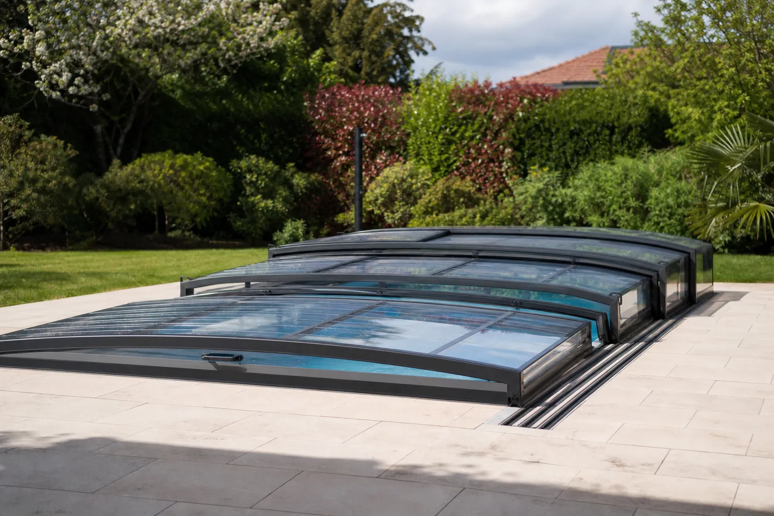 Abri de piscine bas télescopique en aluminium et polycarbonate, modules partiellement rétractés au-dessus du bassin
