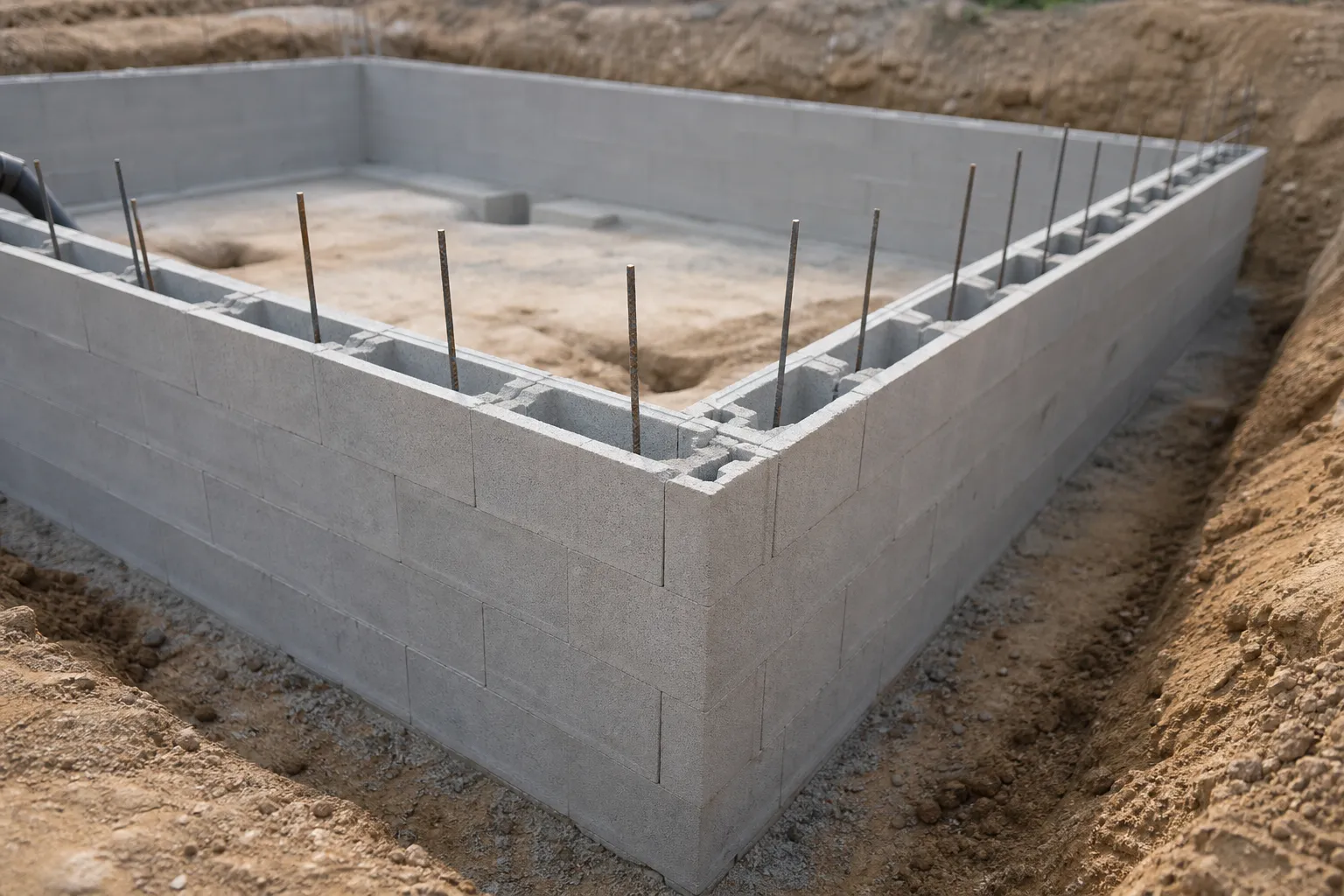 Mur de bassin monté en blocs à bancher, rangs alignés et armatures verticales dépassant à l’angle