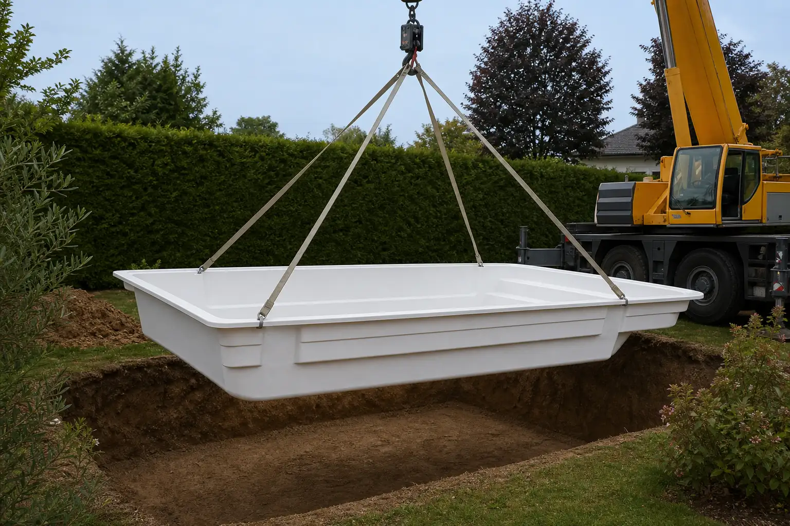 Coque de piscine en polyester blanc suspendue à quatre sangles sous le bras d’une grue mobile, au-dessus de sa fouille