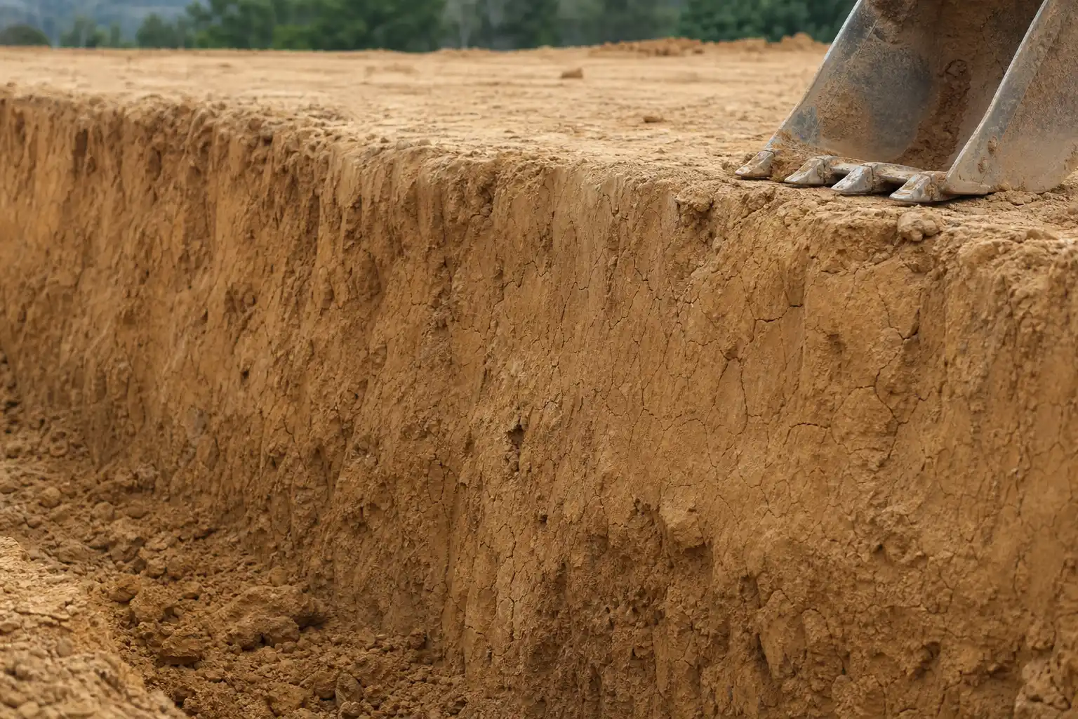 Paroi de fouille dans une terre argileuse ocre, mottes compactes et surface craquelée sur toute la hauteur
