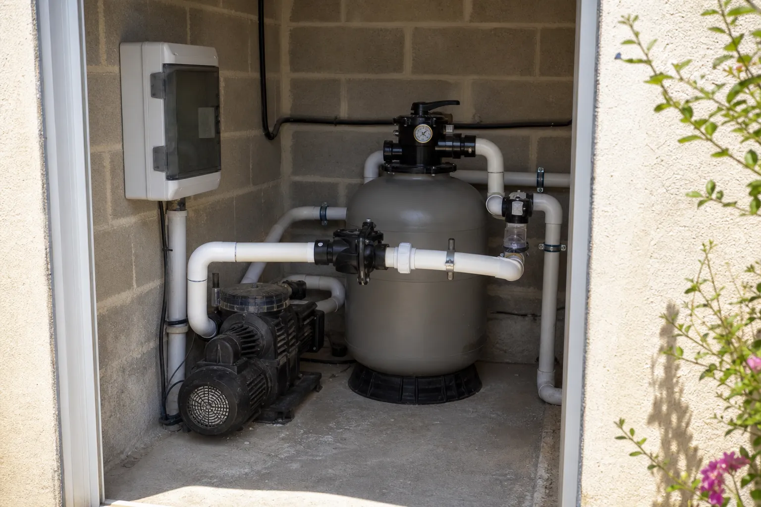 Local technique ouvert : pompe de filtration, filtre à sable, vannes et tuyauterie PVC repérée