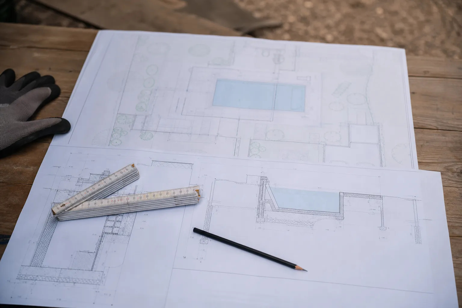 Plan de masse et coupe technique d’un projet de piscine déroulés sur une table en bois, mètre ruban et crayon posés