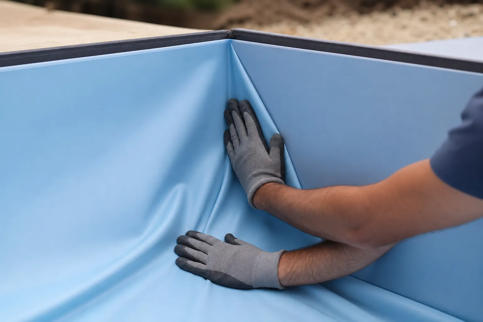 Pose d’un liner bleu clair dans un bassin vide, plis tirés vers un angle de paroi par deux mains gantées