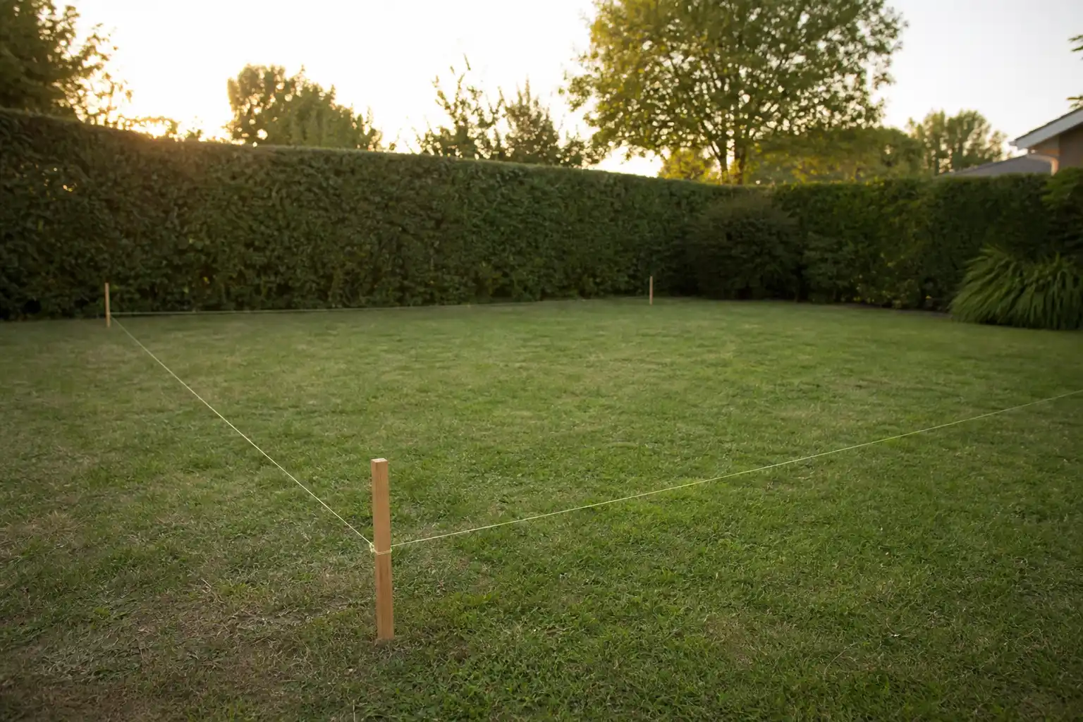 Jardin plan avant travaux, piquet de repérage et cordeau tendu délimitant un rectangle au sol
