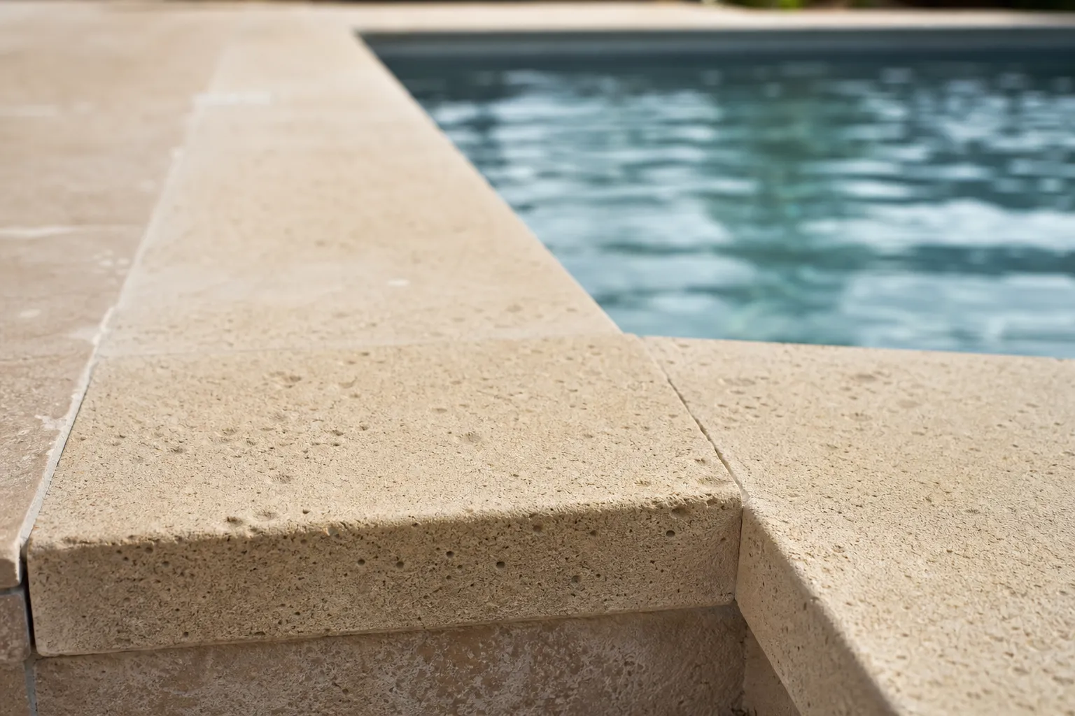 Détail de margelle en pierre reconstituée beige, grain et arêtes nets au premier plan, bassin flou derrière
